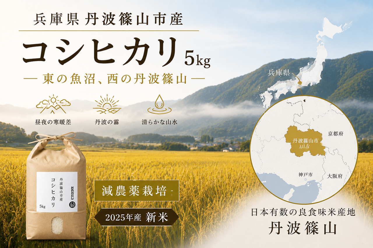 【2025産新米】　丹波篠山市産　減農薬米　ー東の魚沼、西の篠山ー　コシヒカリ